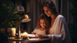 © Sarbinaz Mustafina - Mom and daughter are sitting at the table reading a book by candlelight.