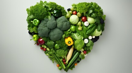 Wall Mural - Heart shaped vegetables and fruits on a gray background. Generative AI.