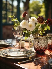 Canvas Print - A beautifully set table in a garden adorned with elegant flowers, silverware, and plates, creating a candid and inviting atmosphere. Generative AI.