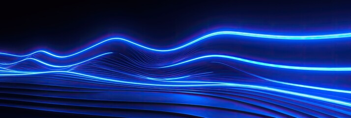 Poster - 3d render, abstract minimal neon background with glowing wavy line. Dark wall illuminated with led lamps. Blue futuristic wallpaper