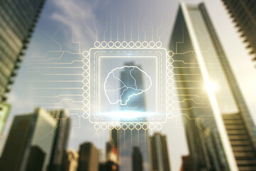 Wall Mural - virtual creative artificial intelligence hologram with human brain sketch on office buildings backgr
