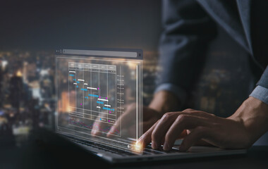 Fototapete - businessman schedule plan management shows a timeline Gantt chart in technology online. concept work update and workflow, project planner in software, manage milestones, appointment staff of business