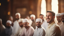 Group Of Muslims Man In Mosque, Ramadan Concept