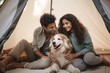 © shelbys - A Couple Cuddling with their Adorable Dog on a Camping Trip. A fictional character created by Generative AI.