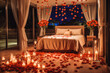 Romantic gesture for an engagement night. Planning a romantic getaway. room full of roses, surprise for a woman by her man.
