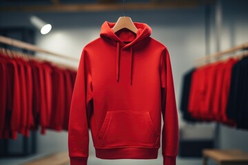 A mock-up of a red hoodie in the store