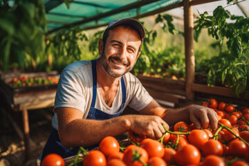 sustainable vegetable factory. Worker picking up two tomatoes from the tomato plant and smiling. Sustainable development can limit climate change and global warming.