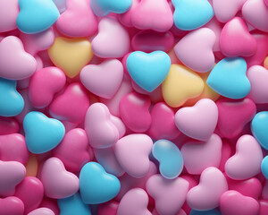 Wall Mural - Many colored heart shapes in different colors on a pink background. Valentine's Day background