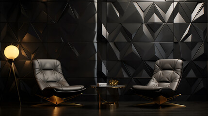 Polished semigloss tiled wall with black 3D triangular blocks render. AI generative.