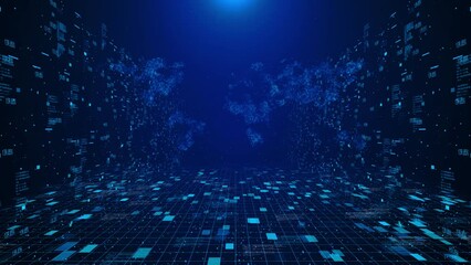 Futuristic abstract cyber motion wallpaper particle flow. Elegant waves of Blue lines and dots dust, stream, data transfer, virtual reality cyberspace. 4K 3D Creative soft bokeh landscape background.