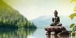 Buddha statue by a lake serene Asian spa background green nature web banner with space for text