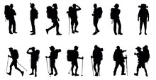 Silhouette Of Hiker. Collection Of Male And Female Hiker. Mountaineer Climber Hiker People, Vector Silhouette Collection