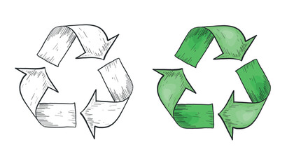 Vector Hand Drawn Recycling icons set. Vintage retro style pencil drawing recycle sign illustrations isolated on white background. Clean Environment concept signs.