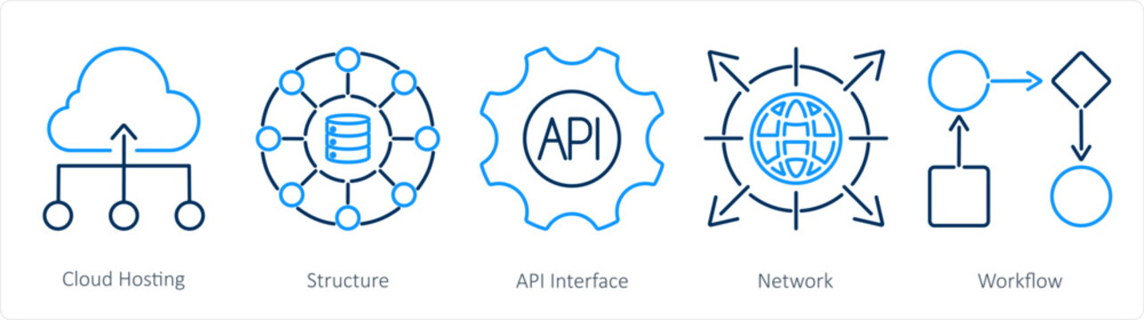 A set of 5 data analytics icons as cloud hosting, structure, api interface