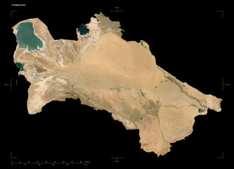 Turkmenistan shape isolated on black. Low-res satellite map
