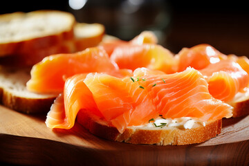 Wall Mural - Fresh salmon sandwich close-up. Salmon with fresh herbs. Salmon on bread. Healthy eating