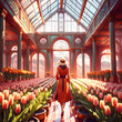 A picture of a girl walking through a greenhouse among tulips