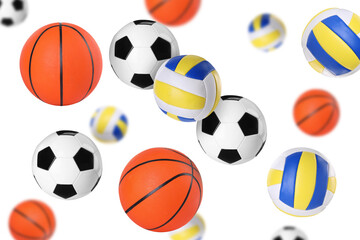 Sticker - Many balls for different sports flying on white background