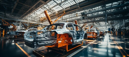 Wall Mural - Car production at factory. Generative AI technology.