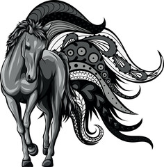 Sticker - monochromatic Illustration of a horse with mandala