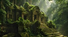 A Secluded Temple Amid Dense Jungle Vegetation Bathed In Sunlight. The Concept Of Forgotten Civilizations.