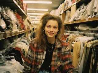 Happy girl dressed in 90s fashion, in a plaid shirt, in a clothing store or in a second-hand, shopping concept, in the style of film photography from the 1990