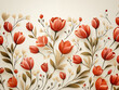 © AmayaGB - Floral colorful pattern design with tulips spring blooms. Red and olive green main colors, white background, space for copy, illustration style, front view.