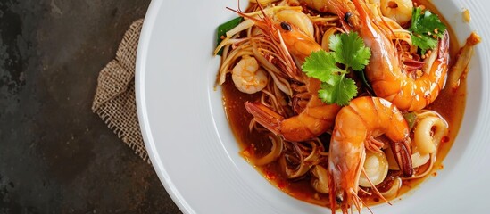 Fototapete - Fried noodles with Shrimp and Squid in thick gravy Rad Na Taley on white plate Top view. with copy space image. Place for adding text or design