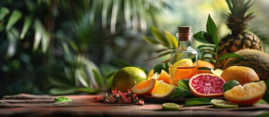 Poster - Grapefruit essential oil Fruit slices aroma oil apothecary bottle. with copy space image. Place for adding text or design