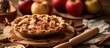Delicious freshly baked homemade apple pie with rolling pin fresh apples and cinnamon bark. with copy space image. Place for adding text or design