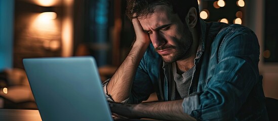 Business stress and man with a headache laptop and overworked with health issue professional and pain Male person employee or entrepreneur with a pc burnout and migraine with fatigue or problem