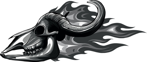 Sticker - monochromatic illustration of cow skull with flames