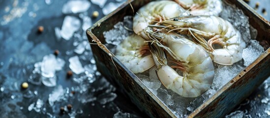 Box with frozen white shrimp in a production plant. with copy space image. Place for adding text or design