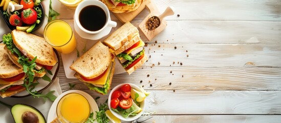 Aufkleber - Breakfast with club sandwiches with fresh tomatoes lettuce and cucumbers salmon trout coffee and freshly squeezed juice on white stone concrete table top view copy space. with copy space image