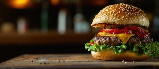 Aufkleber - A delicious grilled Angus burger with cheese lettuce and tomato on a sesame seed bun. with copy space image. Place for adding text or design