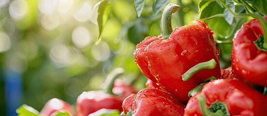 Poster - fresh red bell peppers growing on tree in garden paprika chili. with copy space image. Place for adding text or design