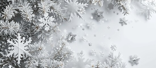 Fototapete - Christmas frame with silver and white snowflakes isolated on white. with copy space image. Place for adding text or design