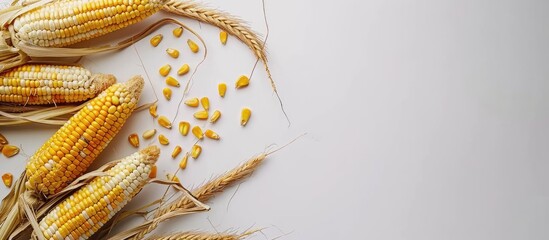 Poster - Corn for popcorn on a white background dried corn background top view. with copy space image. Place for adding text or design