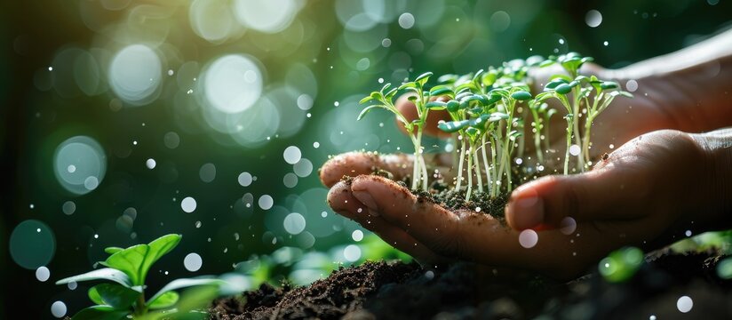 Agricultural technologies for growing plants and scientific research in the field of biology and chemistry of nature Living green sprout in the hands of a farmer Organic digital background