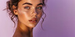 © IndigoElf - Portrait of young woman with clean healthy facial skin on flat purple background with copy space. Natural beauty, care cosmetics banner template, perfect face skin.