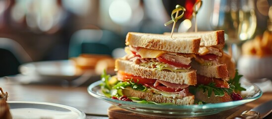 Aufkleber - fresh and delicious classic club sandwich over a transparent glass dish. with copy space image. Place for adding text or design