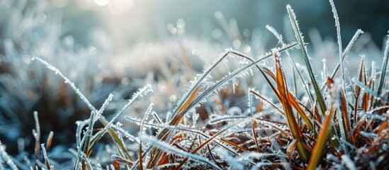 Wall Mural - Grass covered with frost in winter Frozen grass. with copy space image. Place for adding text or design