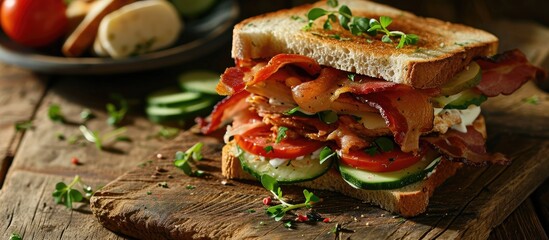 Aufkleber - Club sandwich with chicken breast bacon tomato cucumber and herbs. with copy space image. Place for adding text or design