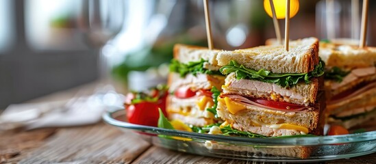 Aufkleber - fresh and delicious classic club sandwich over a transparent glass dish. with copy space image. Place for adding text or design