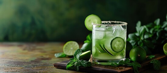 Poster - Cucumber margarita with lime and spicy rim refreshing spring cocktail. with copy space image. Place for adding text or design
