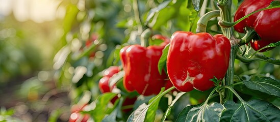 Poster - fresh red bell peppers growing on tree in garden paprika chili. with copy space image. Place for adding text or design