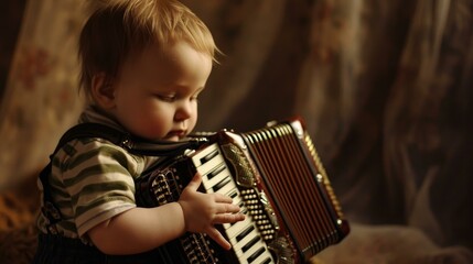 Sticker - A baby playing an accordion on a blanket. Generative AI.