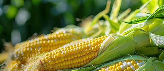 Poster - fresh corn on the stalk in a field yellow corn sweet corn. with copy space image. Place for adding text or design