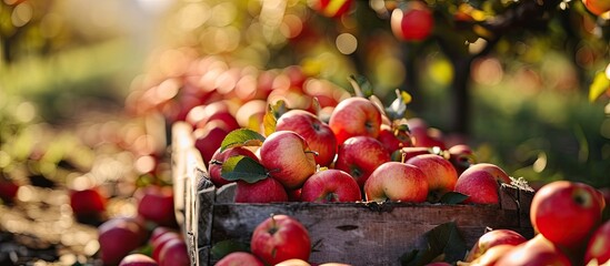 Wall Mural - Apples in a boxes after harvest transport between rows of orchard to the cold storage Farmers pick ripe apples in an orchard that has anti hail nets. with copy space image