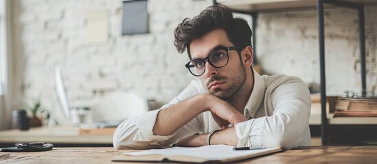 Wall Mural - Depressed bored office worker at his desk holding glasses. with copy space image. Place for adding text or design